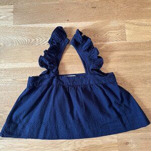 WIGGY KIT Navy ruffled cotton-seersucker cropped top